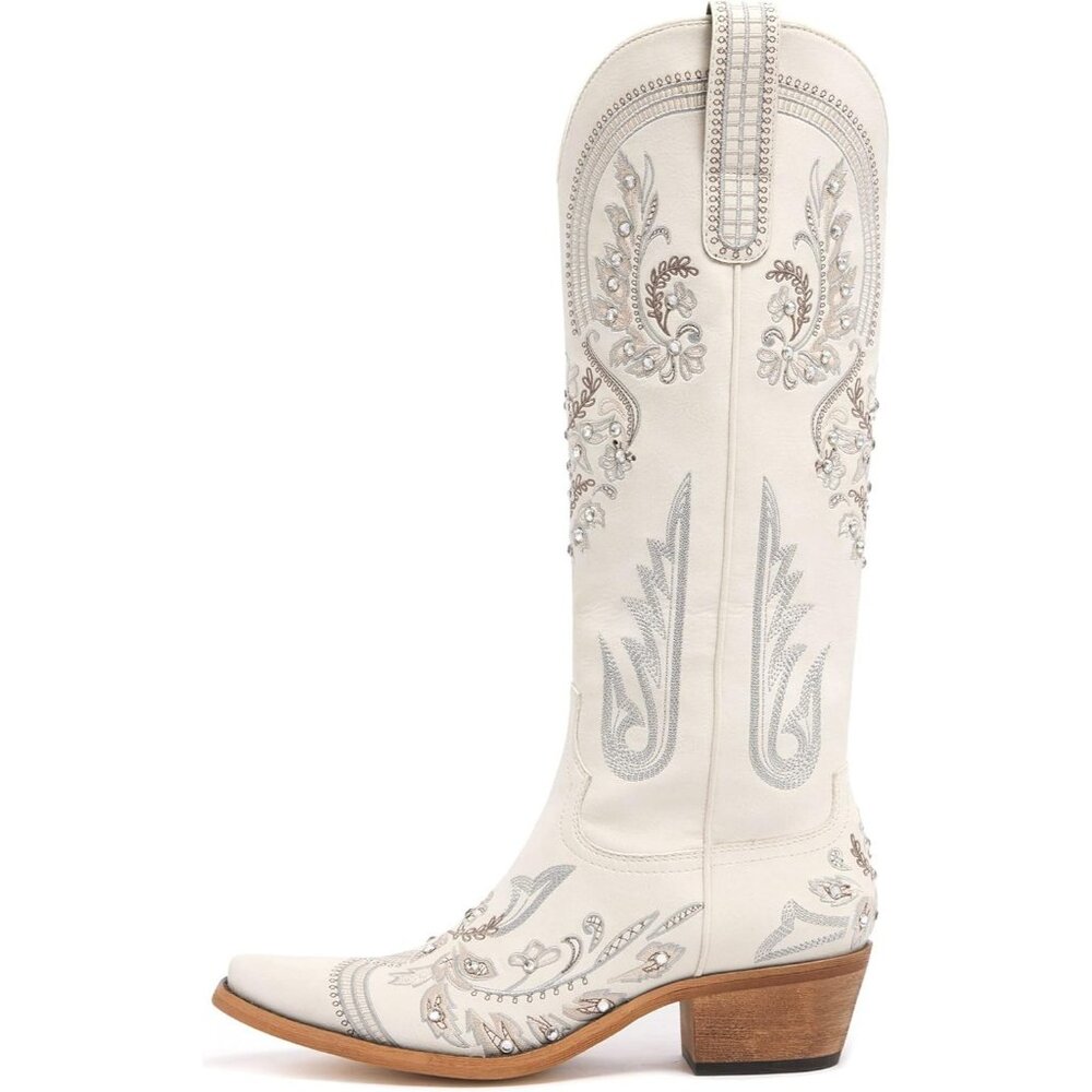 Women's Cream Embroidered Rhinestones Knee High Cowgirl Boots Pointed Toe - Picture 2 of 7